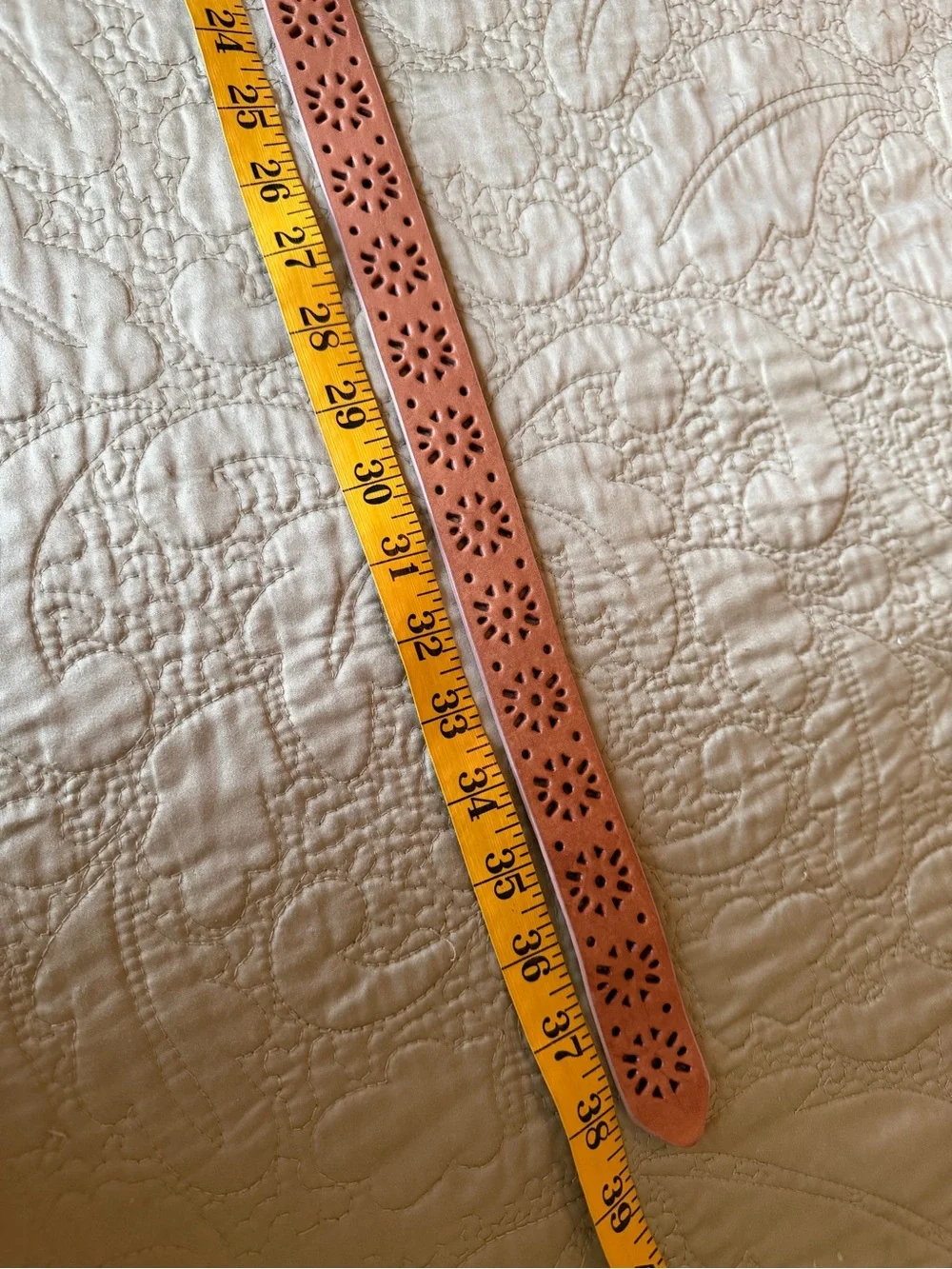 Y2K Floral Perforated Leather Belt Pink Cognac Boho Cottagecore Western